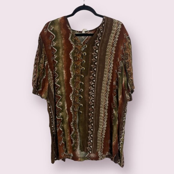 Aztec Button Tunic Duster Hipster Hippie Artsy Boho Bohemian Hip Blouse Top - Picture 1 of 6